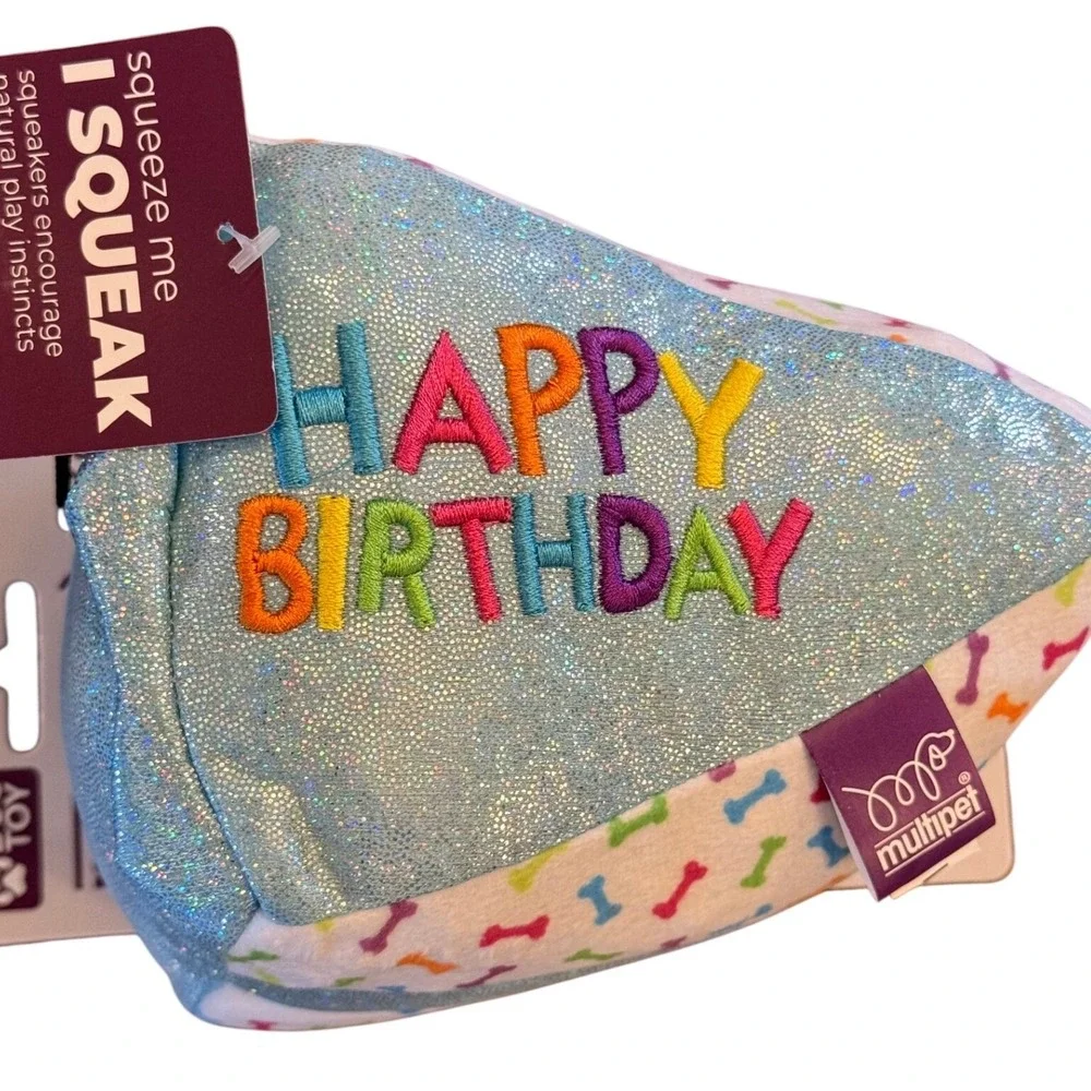 Multipet Happy Birthday Cake Slice Plush Squeak Crinkle Dog Toy Blue 48708 NWT
